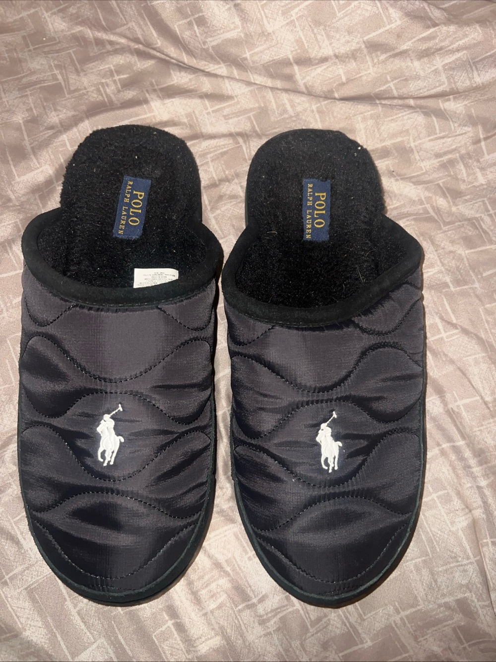 Polo by Ralph Lauren Black Quilted Slip-On Slippers with White Polo Logo - Picture 2 of 6